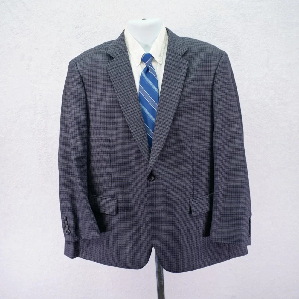 Pronto Uomo Platinum‎ Wool Blend Sport Coat Blue Gray Black Plaid Portly 46R